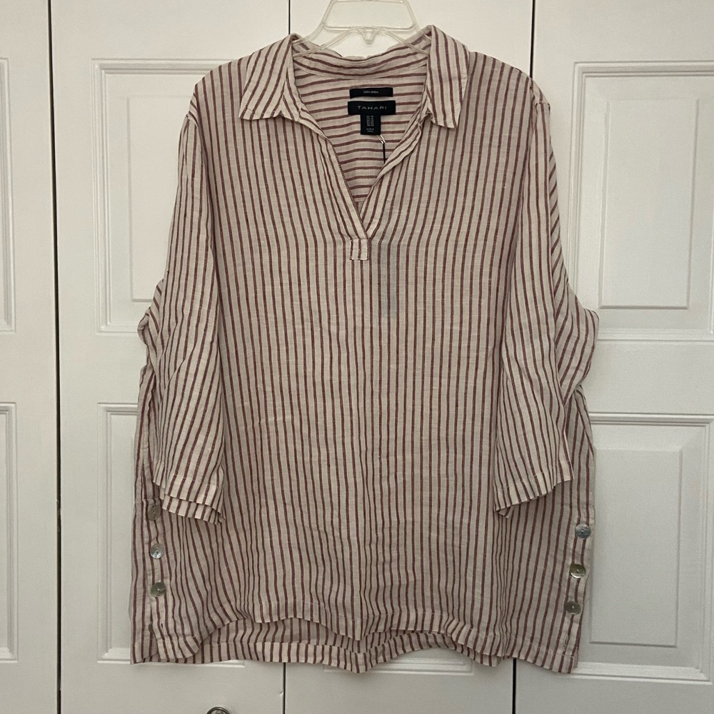 Tahari, Striped Linen Tunic with Collar and mother-of-pearl buttons, 1X